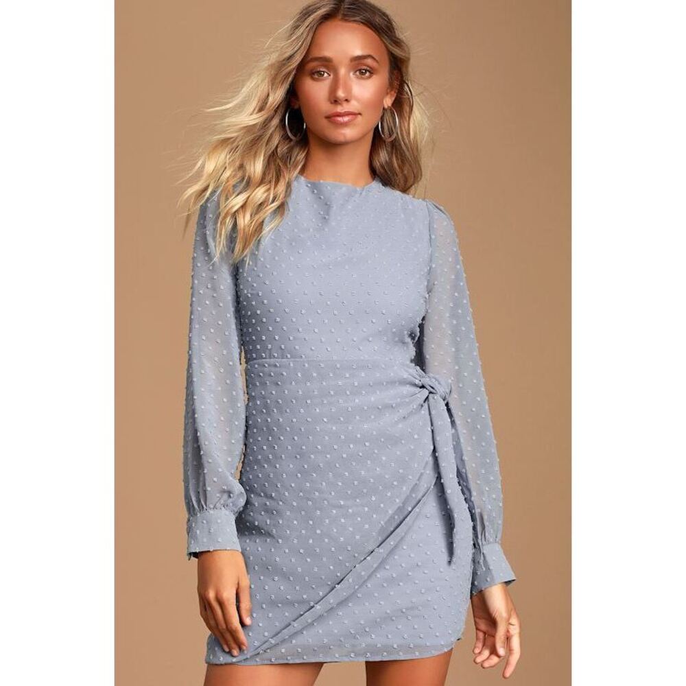 Lulus Much Love Light Blue Swiss Dot Long Sleeve Tie-front Mini Dress - Size L